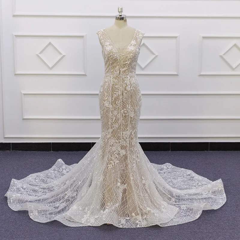 2020 bridal gown shiny sequins lace V neck champagne deep back with zipper custom made wedding dresses 19001 | Свадьбы и торжества