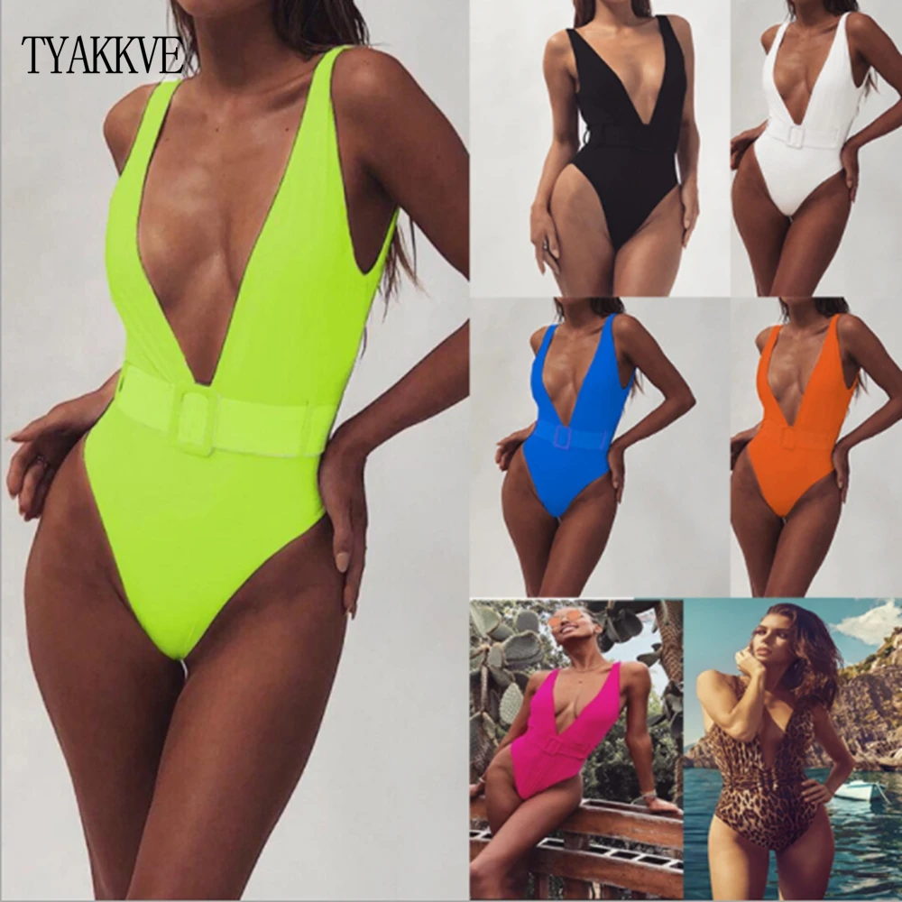 Solid Biquini 2020 Sexy Pure Deep V Backless Swimwear Maillot De Bain Femme With Belt Body Swimming Suit For Women Bathing Suit