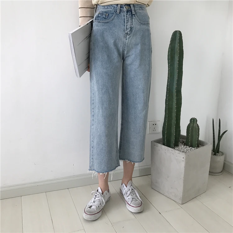 

Retro Light Blue Wide Leg Jeans Women Fashion Raw Edge Trousers Women'S Jeans Cotton Quality Harajuku Cropped Pants