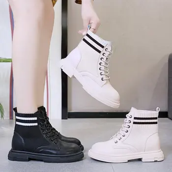 

Hot Sales Martin Boots Knitting Stretch Boots Flat Heels for Women Fashion Shoes 2020 Autumn Female Ankle Boots Booties Feminine