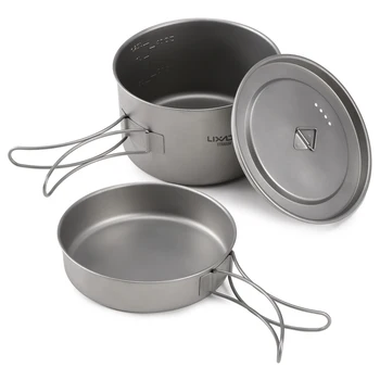 

Lixada 2pcs Camping Cookware Set Titanium Pot Pan Cooking Set with Foldable Handles Mesh Carry