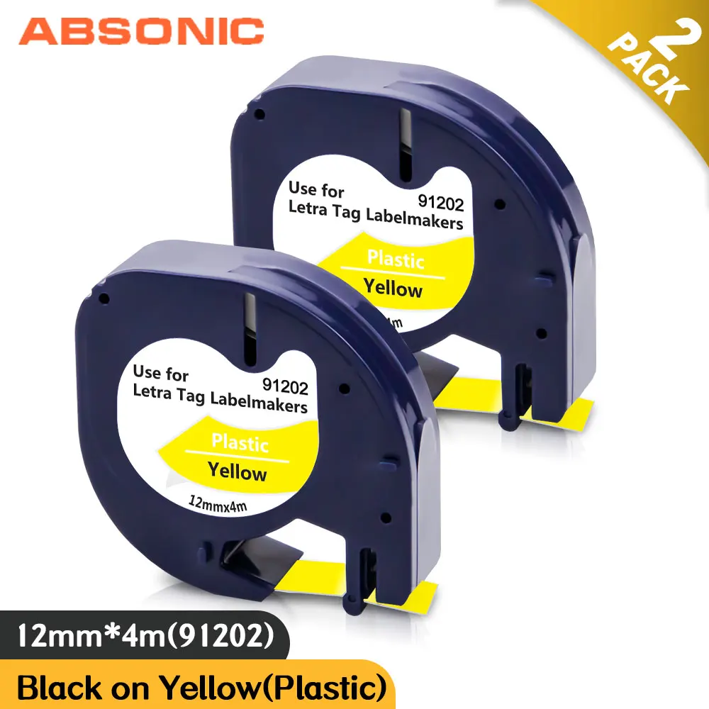 Absonic 2PK 호환 Dymo LetraTag 91202 프린터 리본 노란색 플라스틱 라벨 테이프 91332 91222 91202
