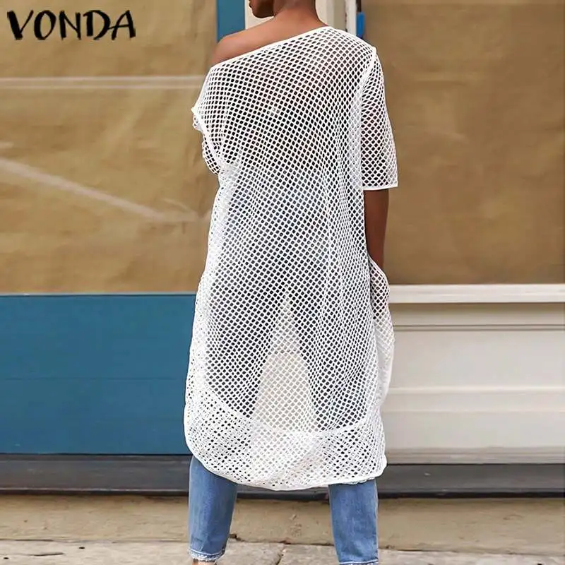 VONDA Asymmetric Tops Women See Thought Blouse Beach Shirts 2020 Summer Bohemian Mesh Tops Hollow Long Blouse Plus Size Blusa - 4.00048E+12