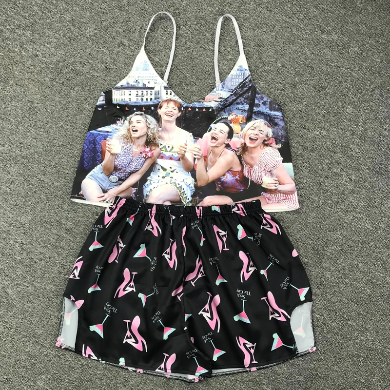 Women Sexy Pajama Sets Animal Cartoon Pattern Print Sleepwear Strap Sleeveless Cami Female Silk Pijamas Night Wear Home Suit women pajamas set,women pajama suit