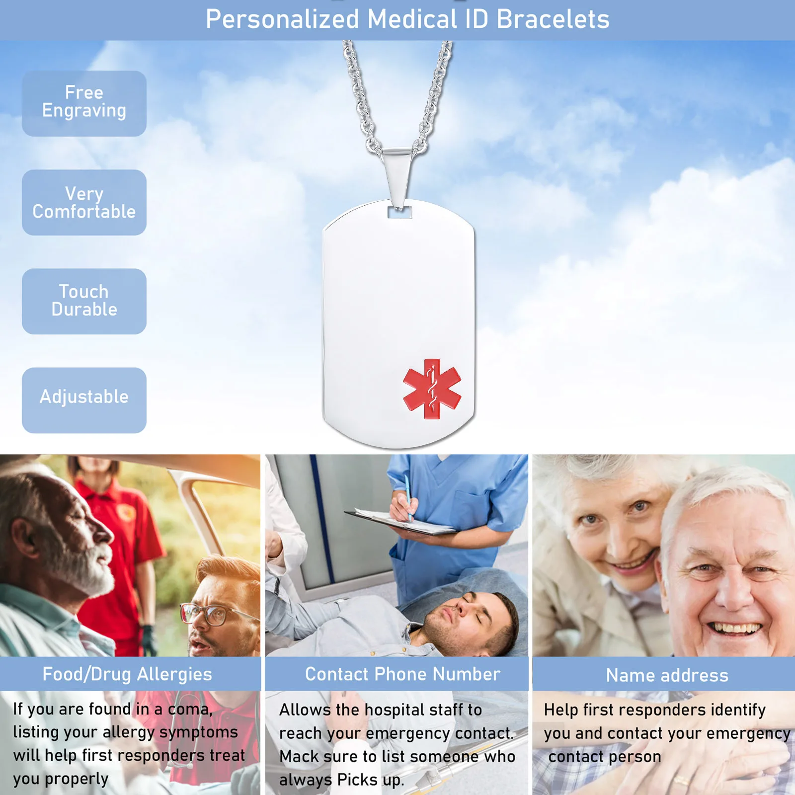 5PK-Emergency Medical ID Wallet Card For Medical Alert ID Bracelet
