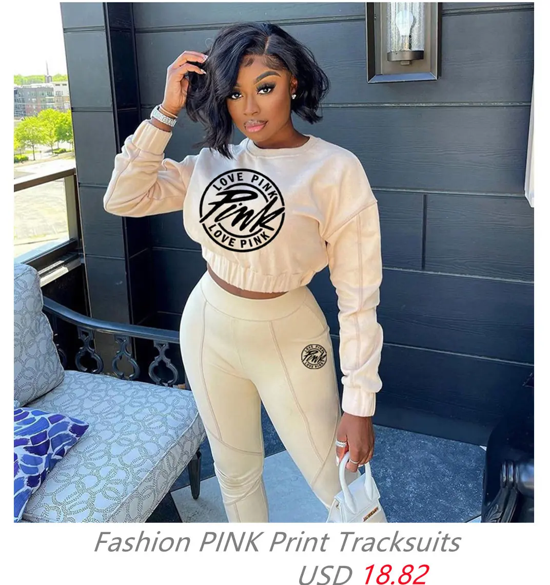 FAGADOER Solid Women Skinny Two Piece Sets Spring Bodycon Tracksuits Dollar Print  Top And Leggings Pants 2pcs Outfits 2022 New designer suits