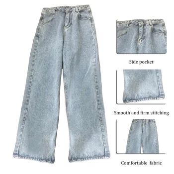 

Women Denim Trousers Light Blue Vintage Wide Leg Pants Women Korean Straight Long Pants High Waist Casual Loose Trousers
