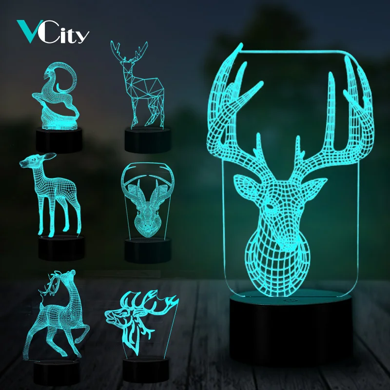 VCity Олень 3D многоцветная Лампа Иллюзия ночник День рождения Рождественские