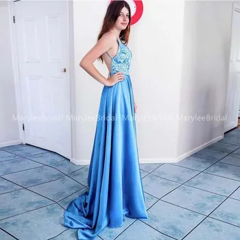 

Light Sky Blue Evening Dress Spaghetti Straps A-line Appliques Vestido Formal Fiesta Sexy Backless Girl's Prom Party Gowns