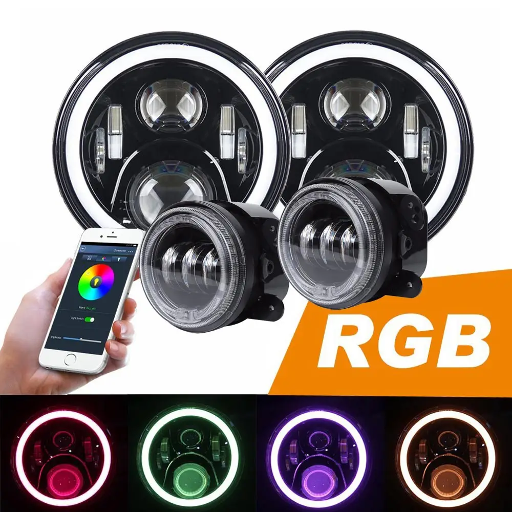 7 дюймовые круглые светодиодные фары + 4 Противотуманные RGB Halo для Jeep Wrangler Bluetooth Phone