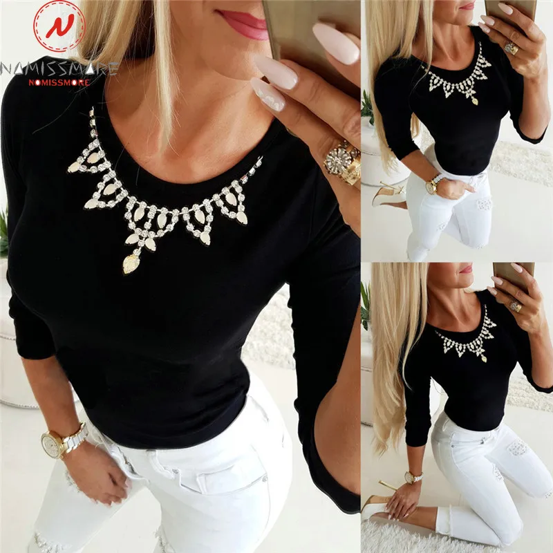 

Women Long Sleeve T-Shirts Patchwork Design Beading Necklace Decor O-Neck Solid Top Elegant Lady Autumn Winter Warm Slim Shirts