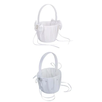 

2 pcs Flower Girl Basket Ivory and White Wedding Bowknot Artificial Pearl Rhinestone Decor