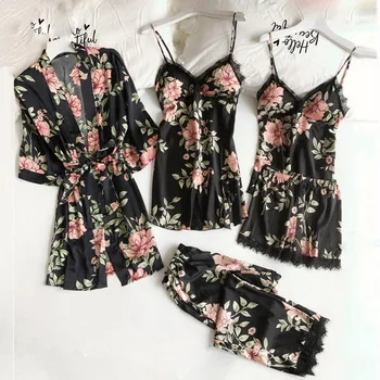 

Womens Pajamas Set Long Sleeve Robe Sexy Lace Lingerie Nightwear Underwear Sleepwear 5pcs Suit Pajama Sets