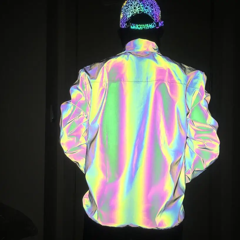 

Colorful reflective jacket men autumn winter night reflect light hip hop coat women harajuku rainbow color reflective jackets