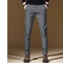 Мужские прямые брюки, эластичные мужские брюки с линией талии, мужские брюки в клетку, черные Стрейчевые узкие брюки
