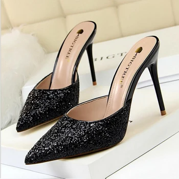 

Women's fashion simple thin heel high heel shallow mouth pointed Sequin Baotou slippers women's sandals