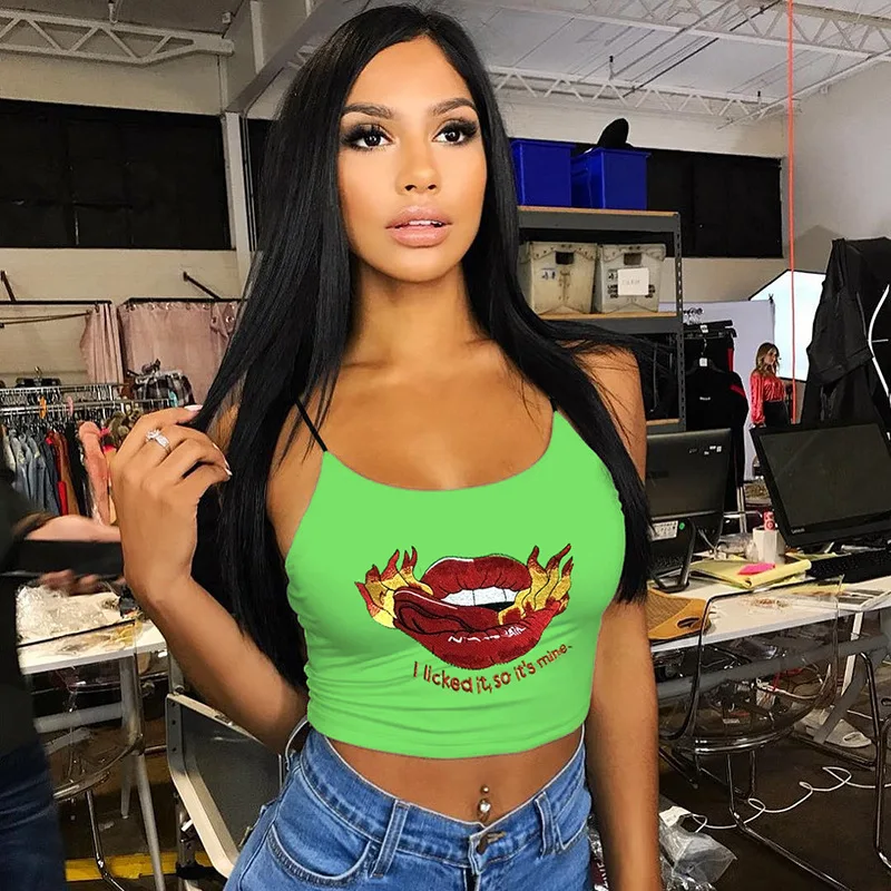 Полный хлопок Camis флуоресцентный зеленый красный Вышивка губ женский слинг жилет женский уличный короткий тонкий повседневный укороченный топ