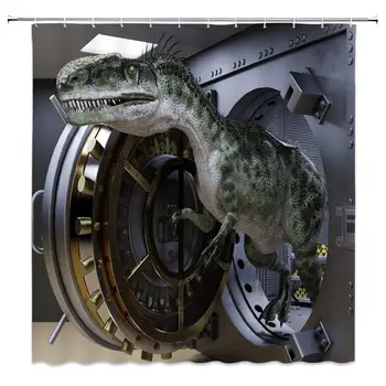 

Jurassic Shower Curtain Dinosaur Open The Door of Research Room Decor Fabric Bathroom Curtains, Waterproof Polyester with Hooks