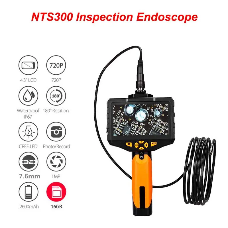 

NTS300 7.6mm endoscope camera 4.3 inch LCD Display Monitor Snake Inspection Endoscope 6 LEDS Borescope 16GB Tube Camera Mini Cam