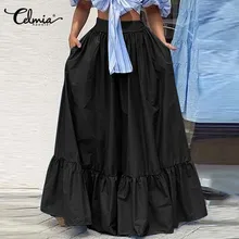 

Celmia Women's Casual Long Jupes Elegant Pleated Stitching High Waist Fashion Falda Ruffles Hem Spring Autumn A Line Maxi Skirts