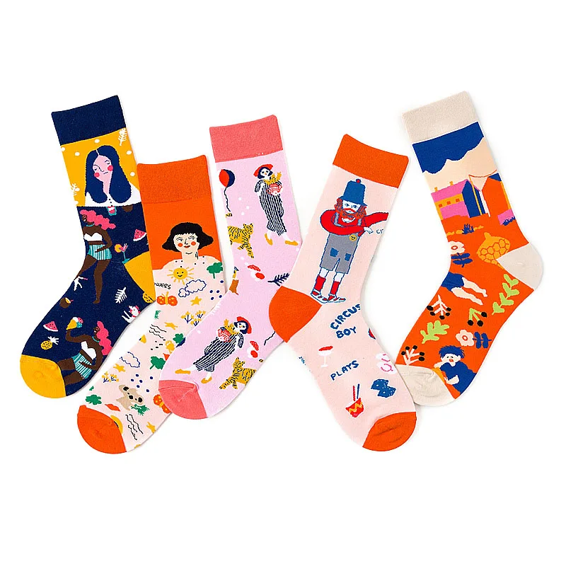 New Happy Mens Socks Women Cartoon Girls Print Combed Cotton Funny Crew Sock Skateboard Cycling Running Wedding Christmas Gifts