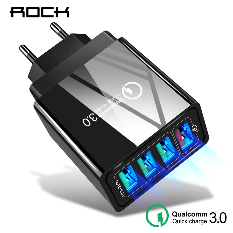 

ROCK Quick Charge 3.0 USB Phone Charger 48W Fast Charging Charger For iPhone X XS Samsung S9 4 Ports Wall Charger