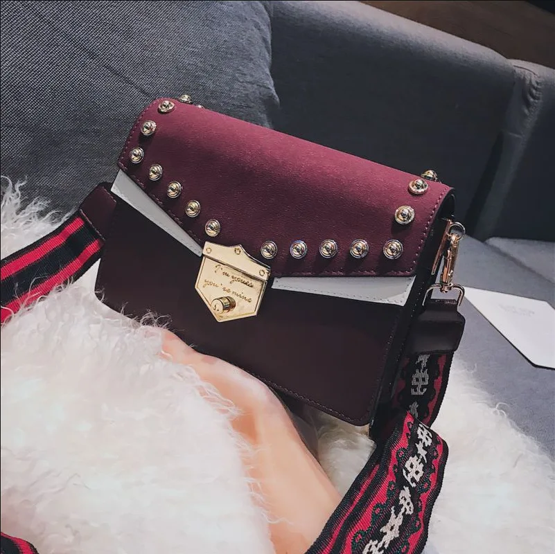 

Bag201 on New Style Contrast Color Wide-Strap Vintage Dull Polish Rivet File Holder Bag Women's Shoulder Versatile WOMEN'S Bag