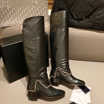 

Genuine Leather Women Long Boots Fashion Mental Chian Decor Women Over the Knee Boots Platform Wedges highet Incresing Boots