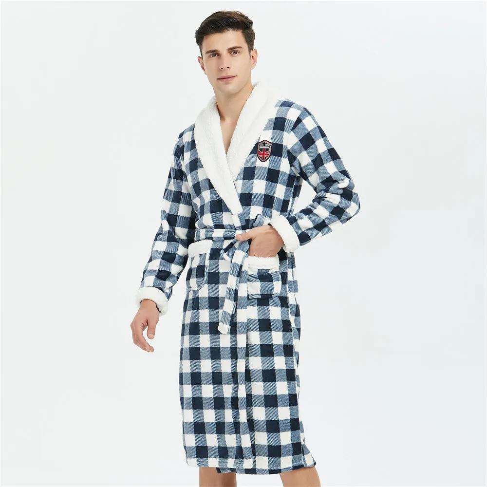 Для мужчин кимоно купальный халат из кораллового флиса, одежда для дома, ночная рубашка в клетку, интимное нижнее белье одежда зимниеv-образным вырезом утепленные пеньюар