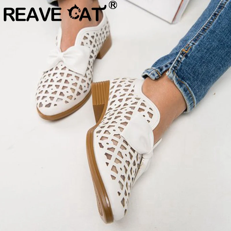 

REAVE CAT Woman Concise Summer Flat Shoes Pointed Toe Square Heels Slip on Bowtie Cut-Outs Large size 35-43 Casual Date A3035