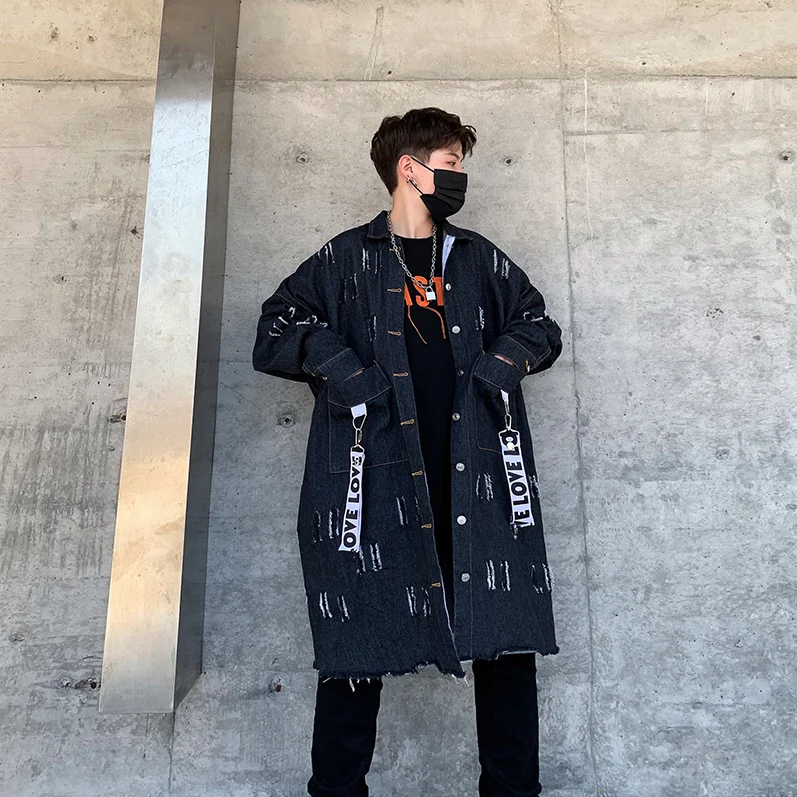 M-xxl! осенняя и зимняя новая модная мужская Свободная джинсовая ветровка с дырками Красивая длинная куртка с мехом