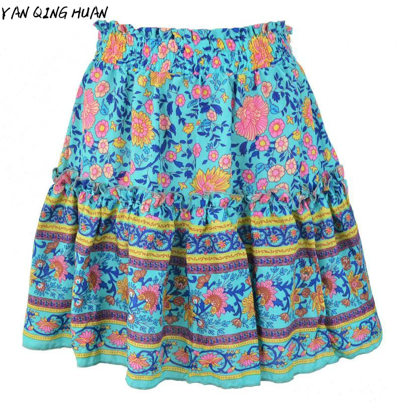 

Fashion Flower Print Skirts Womens Summer Casual Bohemian Nation High Waist Lotus Leaf Beach Skirt Europe And America