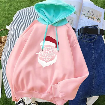

Fashion Women Hooded Cartoon Christmas Santa Claus Print Color Block Sweatshirt Dropshipping Winter 2020 fashion Selling Work