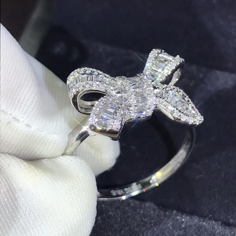 Роскошное женское большое кольцо бантик с кристаллами, элегантные серебряные свадебные кольца для женщин, уникальный стиль, обещание на помолвку, кольцо