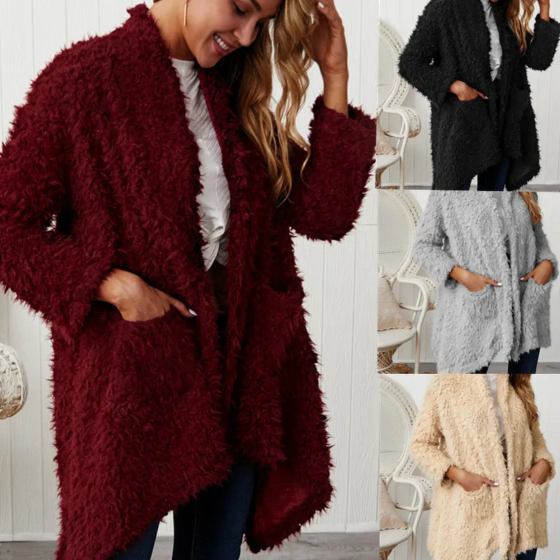 

Women Cardigan Fleece Coats 2019 New Winter Thicken Warm Womens Jacket Long Sleeve Solid Pocket Irregular Loose Casual Outerwear