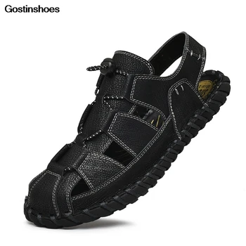 

Men Sandals Leather Sandale Homme Cowhide Hollow Casual Closed Toe Leather Stitching Zapatos Hombre Sandals For Men