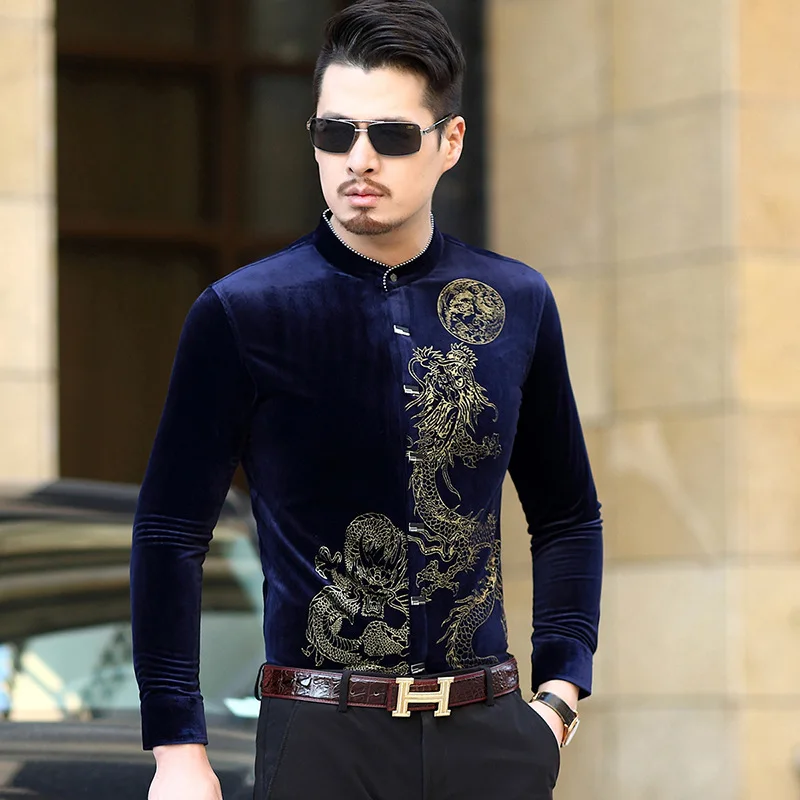 navy blue Классические мужские бархатные рубашки с принтом дракона золотого цвета, новинка, осенняя приталенная Мужская рубашка со стоячим воротником, Клубные вечерние рубашки - Цвет: navy blue