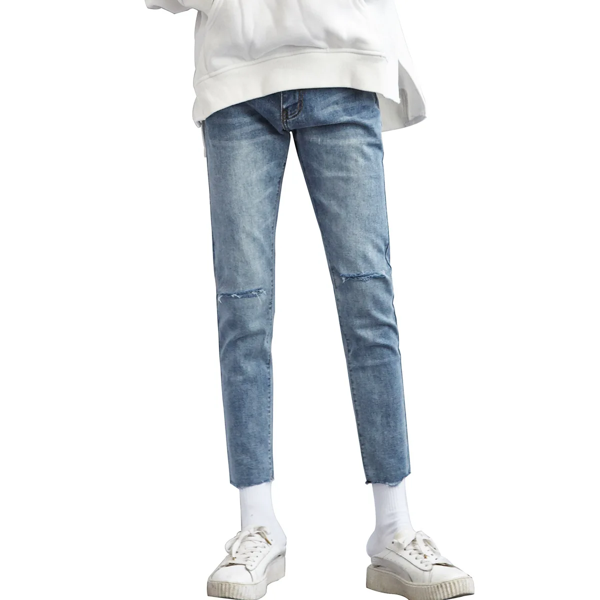 Spring/Summer Cotton Blue Broken Hole Men Denim Jeans Knee Ripped Frayed Vintage Jeans Men Korean Casual Ankle-Length Pants Male