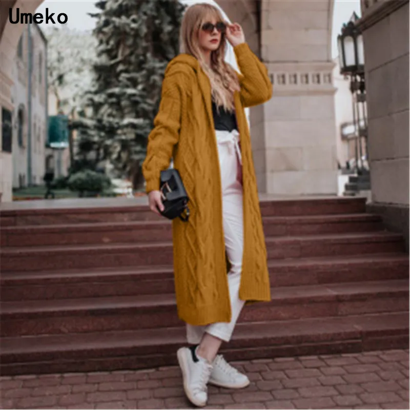 Женский вязаный кардиган Umeko зимний плотный теплый длинный с капюшоном винтажный