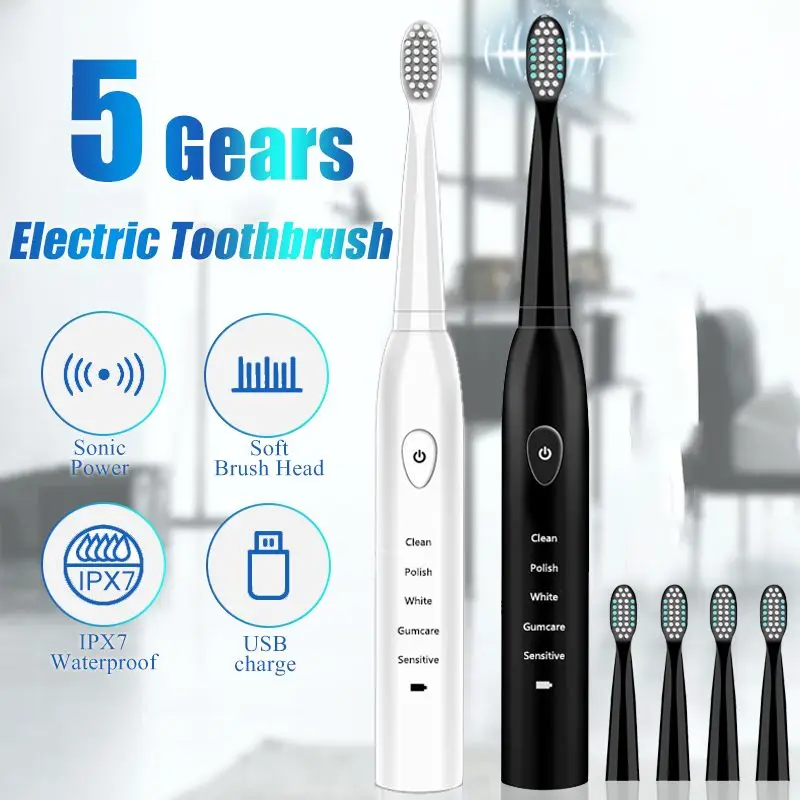 

Electric Toothbrush Rechargeable Ultrasonic Washable Electronic Whitening Waterproof Teeth Brush Toothbrush Head Replaceable 201