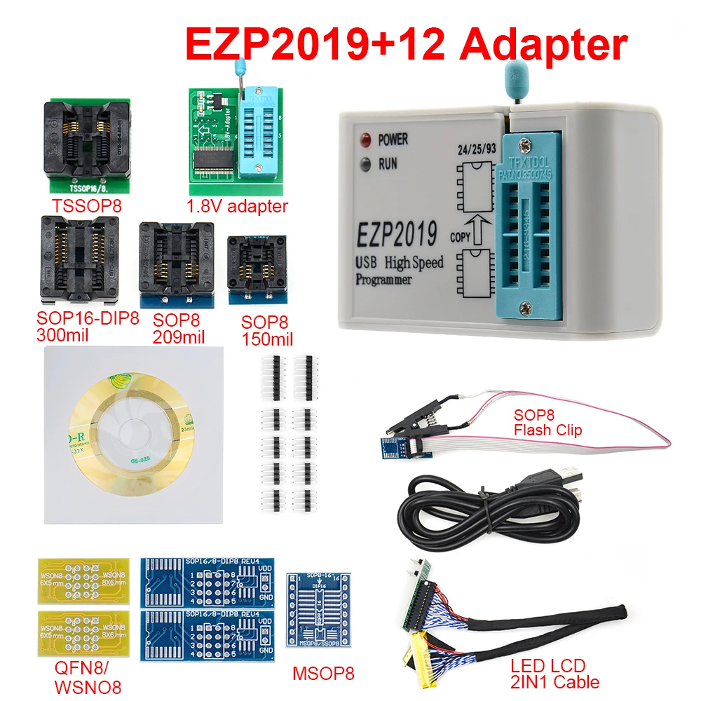 EZP2019 высокоскоростной USB SPI программатор + 12 адаптеров SOP8 тестовый зажим sop8/16 1 8 в