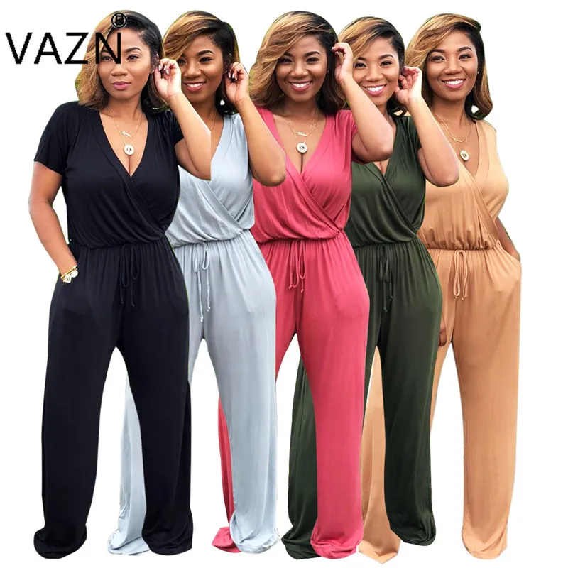VAZN Новые повседневные модные элегантные женские длинные Комбинезоны с v-образным вырезом с коротким рукавом женские Комбинезоны свободные Мягкие Длинные Комбинезоны M793