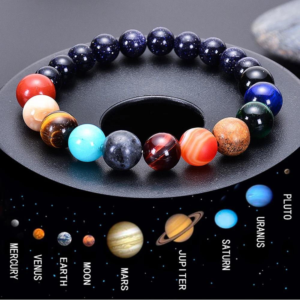 Natural Blue Sandstone Eight Planets Bracelets Hand Chain Jewellery Women Men Gift Beads Bracelets Bangles Accessories