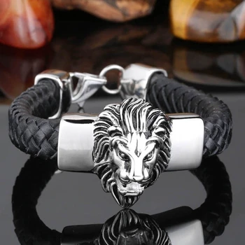 

Fashion Punk Men's Black Leather Alloy Bracelet Big Lion Head Bracelet