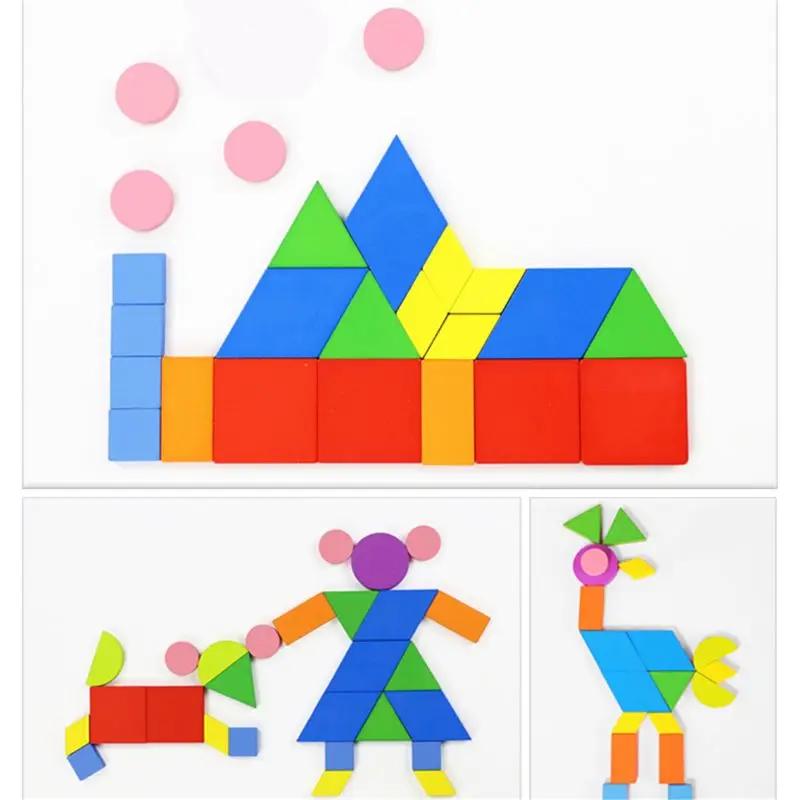 Wooden Pattern Blocks- Tangram Shape Set Color Sorting Stacking Game