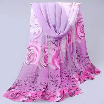 

Women's Fashion Rose Flower Printed Long Chiffon Shawl Turban Arabic Scarf Wrap