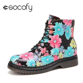 

SOCOFY Colorful Flowers Printed Boots Wearable Lace-up Casual Work Style Ankle Boots Casual Outdoor Boots Botas Mujer 2020