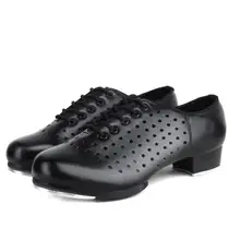 Мужская и женская обувь Jazz Tap дышащая обувь с перфорацией и раздельным каблуком на шнуровке танцевальный пояс кожаная блестящая обувь с алюминиевой пластиной