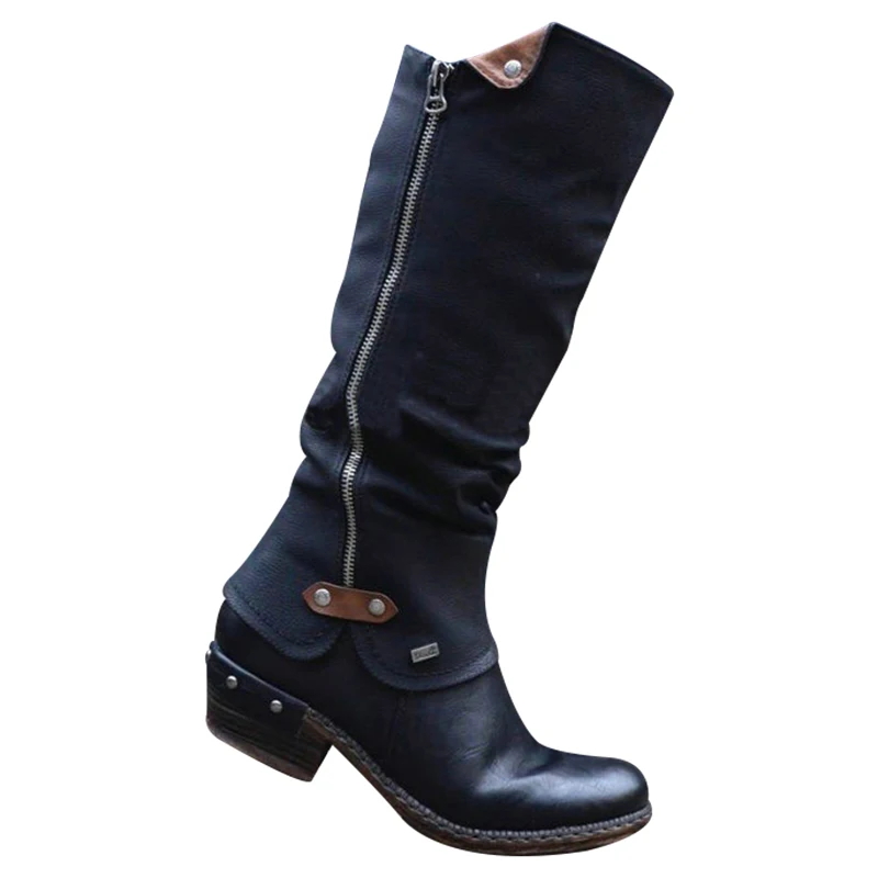 Женские ботинки женские ковбойские сапоги до колена в стиле панк на низком толстом каблуке с боковой молнией зимняя обувь зимние сапоги для женщин Zjvi