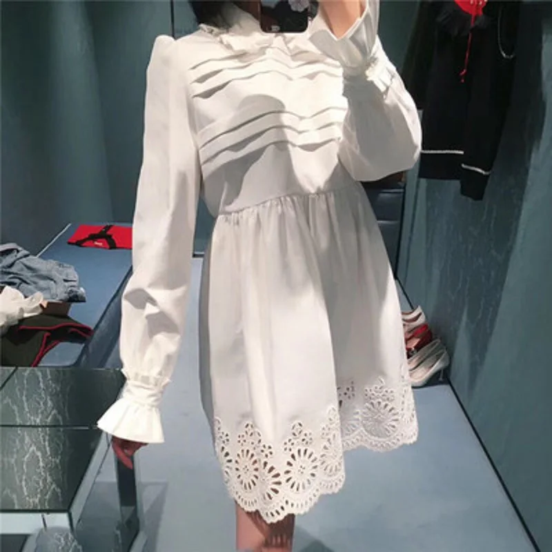 

Brand Designer Fashion Sweet Flare Long Sleeve Mini Dress Hollow Out Peter Pan Collar Chic High Waist Party Dresses 2019 Summer